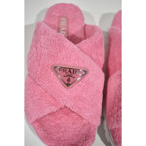 Prada Terry Pink Triangle Logo Criss Cross Strap Slide Sandal Flip Flop 40.5 - Picture 8 of 12